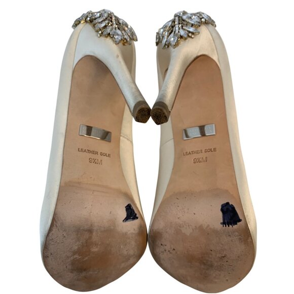 Badgley Mischka Embellished Peep-Toe Stiletto Heels Size 9.5M Satin & Leather - Picture 7 of 13